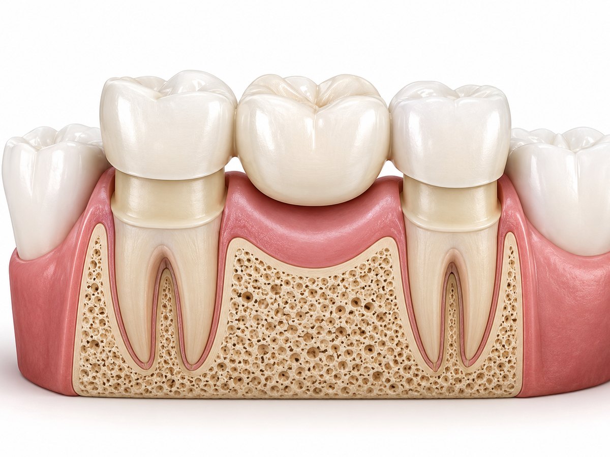 Illustration of a dental bridge replacing a missing tooth between two crowned teeth