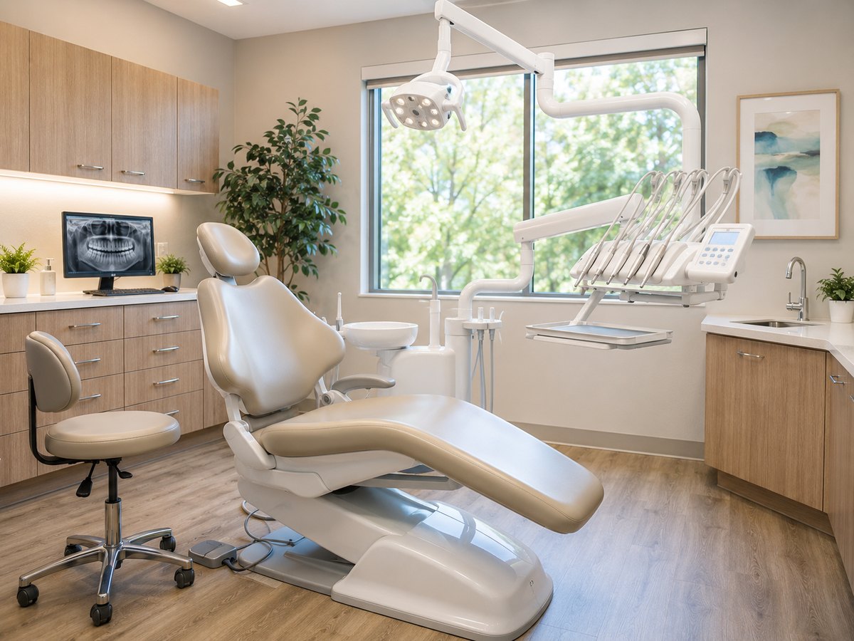 A bright, clean, modern dental operatory ready for a patient