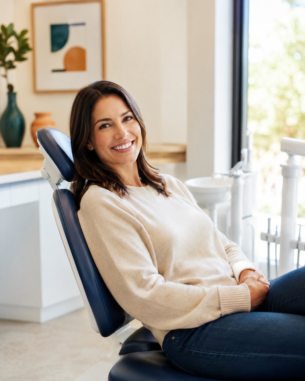 A patient relaxed and smiling in a bright treatment room at Naeem Family Dentistry