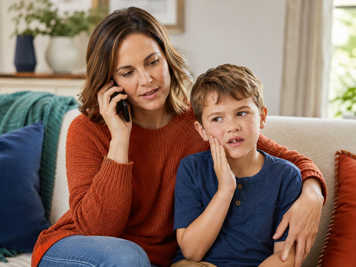 A mother calling the office for her son during a dental emergency, comforting him at home