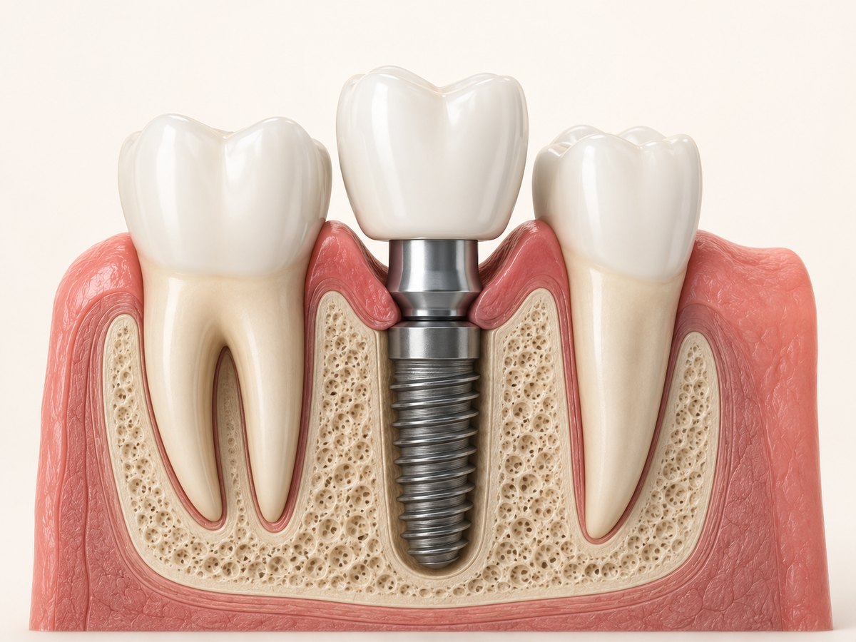 3D illustration of a single-tooth dental implant placed in the jawbone