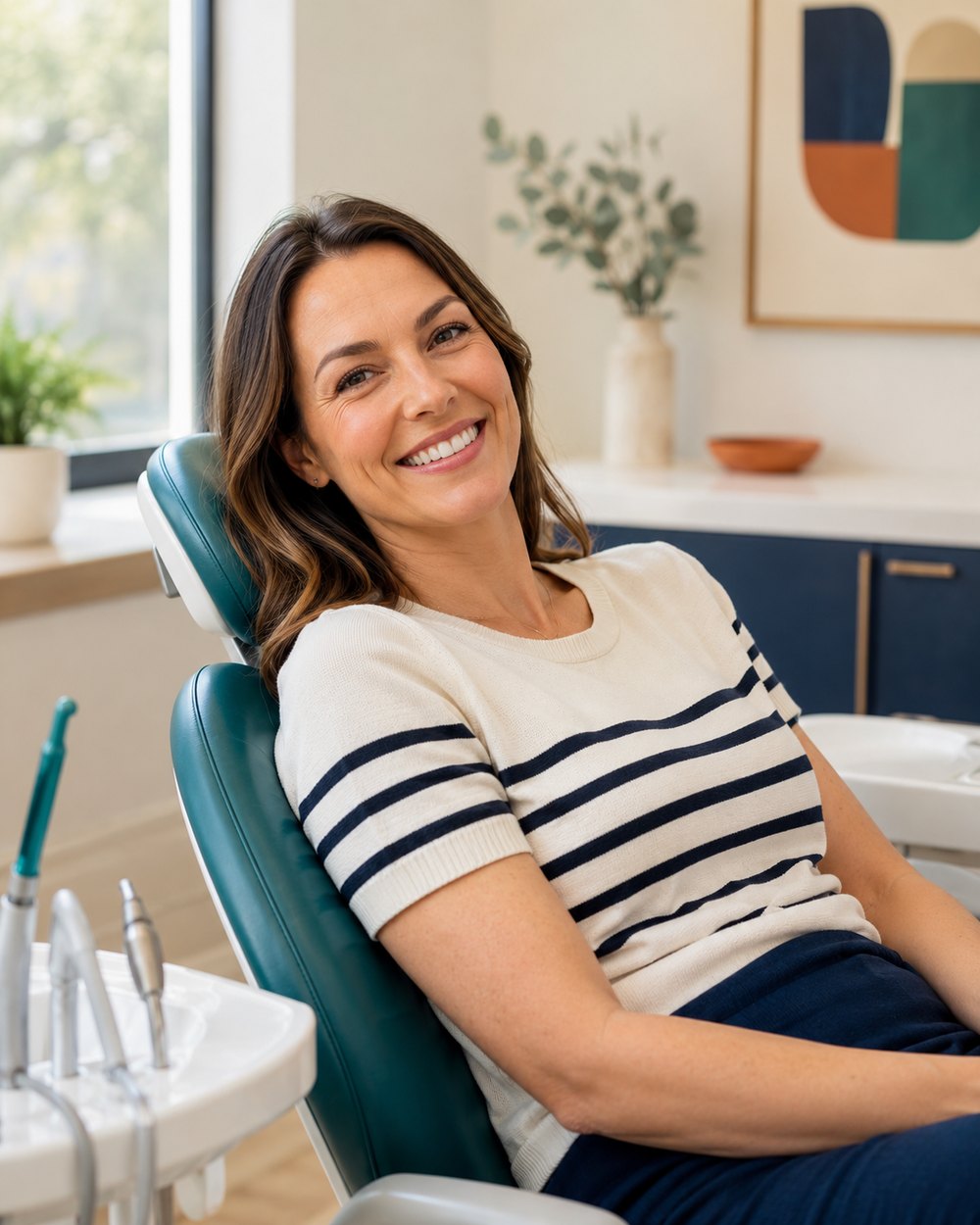 A patient relaxed in the chair during a routine dental cleaning visit